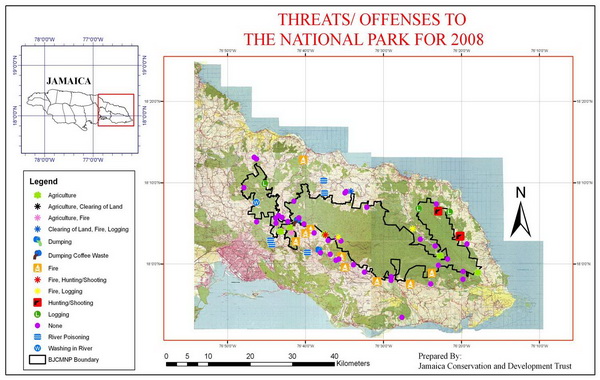 Map showing threats and/or illegal activities in and around the National Park boundary, observed by Park Rangers on patrol during 2008