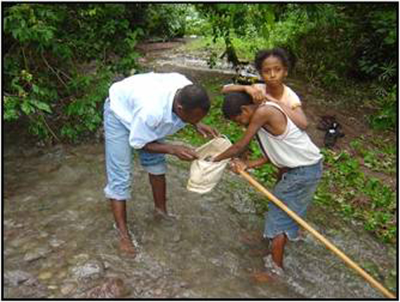Curious children investigate what Ranger Love has caught in the kick-net